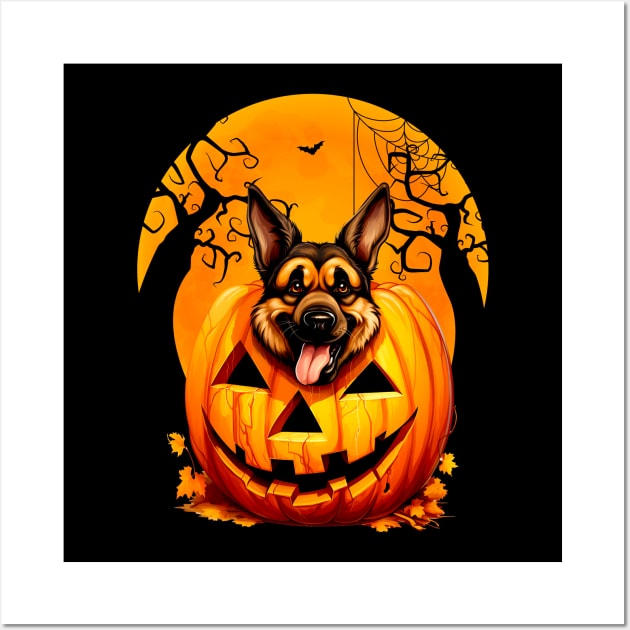 German Shepherd Inside Pumpkin, Funny Scary Halloween Moon Wall Art by Printofi.com